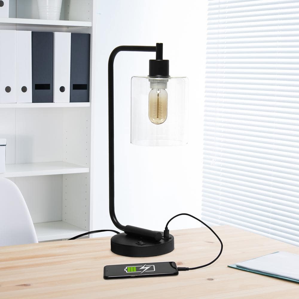 Arcadian Black Iron Desk Lamp with USB Ports and Glass Shade