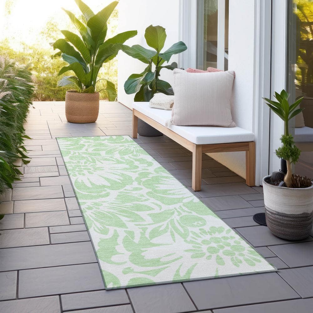 Mint Floral Machine-Washable Indoor Outdoor Runner Rug