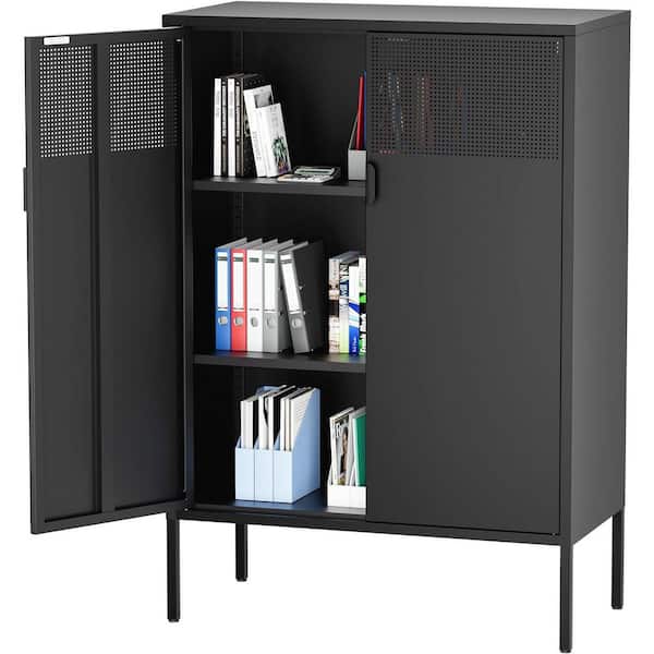Black 3 Tier 47.24 in. H Metal Storage Cabinet with Adjustable Shelves 2 Door Metal Locker Style Accent Storage Cabinet