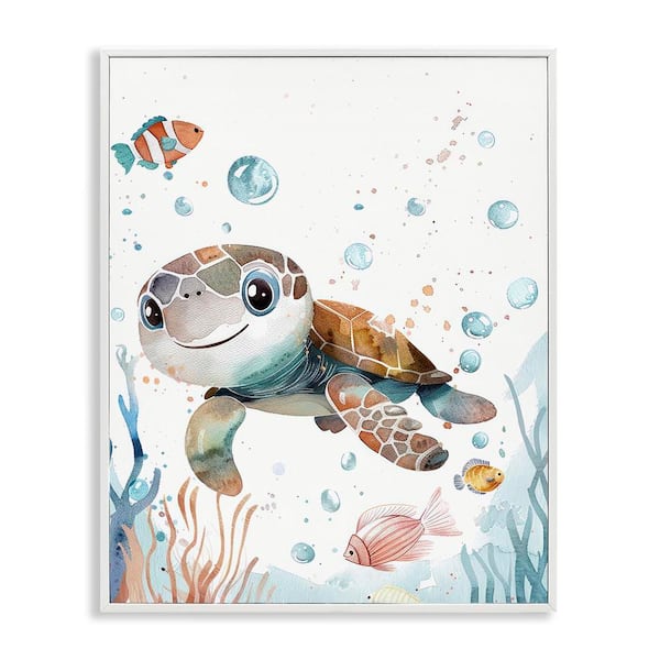 Stupell Industries Smiling Baby Turtle by Franklyn Gregory White Framed Animal Giclee Art Print 14 in. x 11 in.