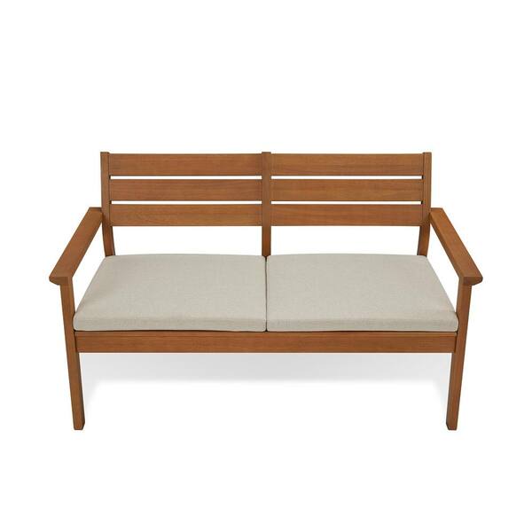 Real Flame Hale 52 In 2 Person Eucalyptus Wood Outdoor Bench With Natural Taupe Cushions 1916 Teak The Home Depot - 2 Seater Garden Bench Seat Cushion