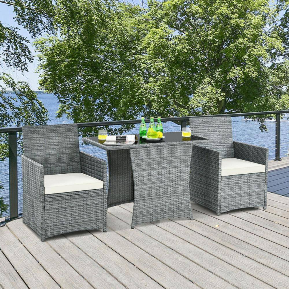Gray Wicker 3-Piece Patio Set with White Cushions