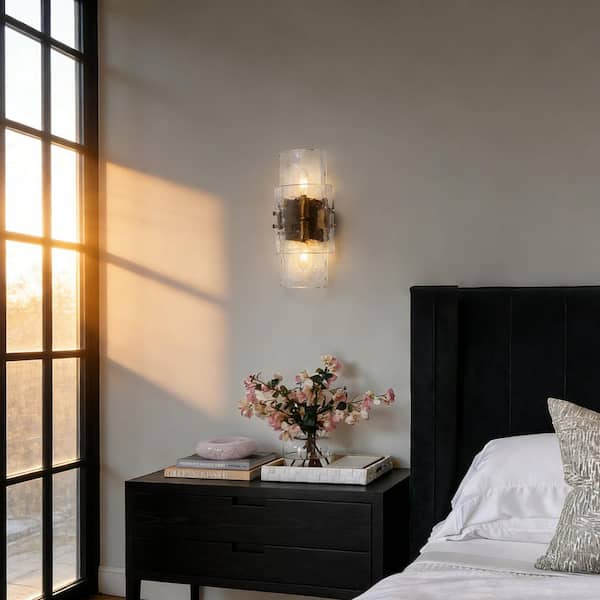 Modern 14.2 in. 2-Light Plated Brass Glacier Glass Wall Sconce for Bedroom Hallway, Horizontal/Vertical Mount Wallchiere