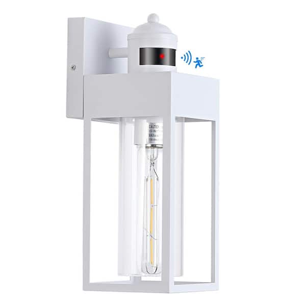 13.2 in. White Motion Sensing Modern Porch Lights Outdoor Hardwired Wall Lantern Sconce with No Bulbs Included (1-Pack)