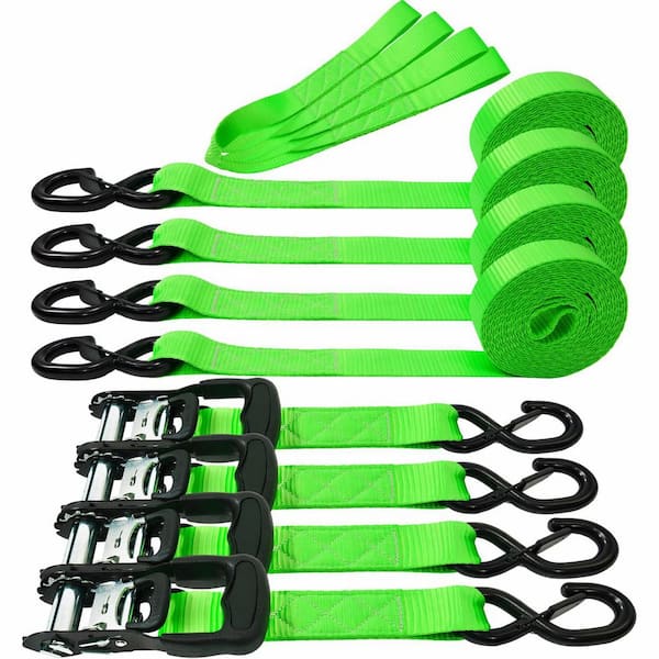8 ft x 1.5 in Ratchet Tie Down Straps with S-Hooks and Soft Loops Heavy Duty Webbing for Motorcycle Cargo 4 Pack