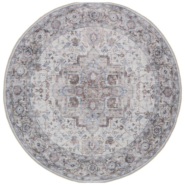 Unbranded Machine Washable Series 1 Ivory Beige 5 ft. x 5 ft. Distressed Traditional Round Area Rug