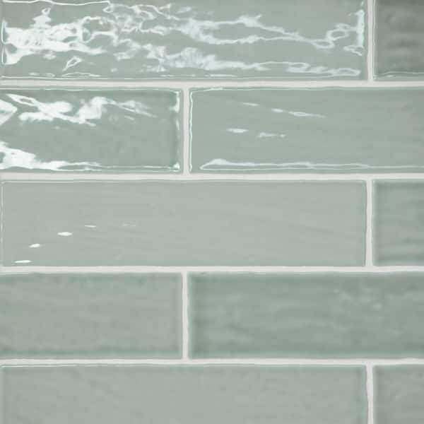 Sample-Marin Glossy Aloe Green 4 in. x 5 in. Ceramic Wall Subway Tile