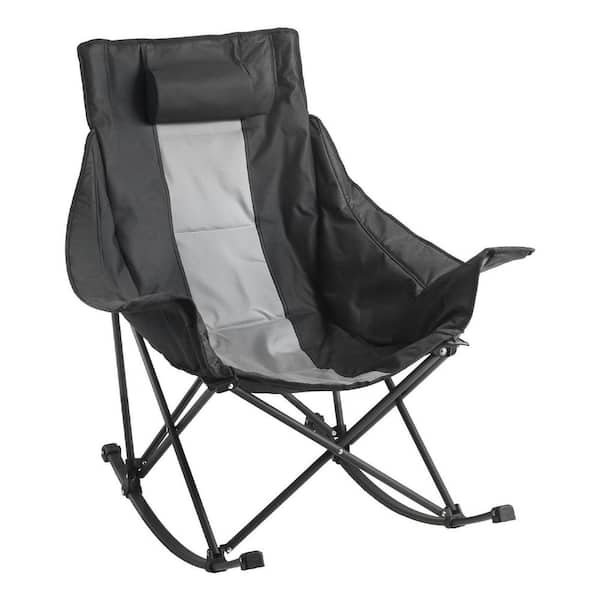 Portable Dark Grey Rocking Camping Chair w/ Cupholder and Pocket, Supports 225 lbs.,Fully Padded Camp Chairs for Outdoor