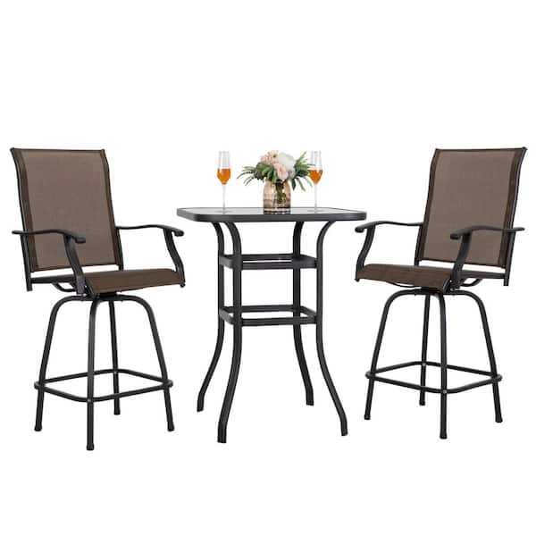Brown 3-Piece Steel Outdoor Patio Bar Set with High Swivel Bistro Chairs