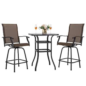 Brown 3-Piece Steel Outdoor Patio Bar Set with High Swivel Bistro Chairs
