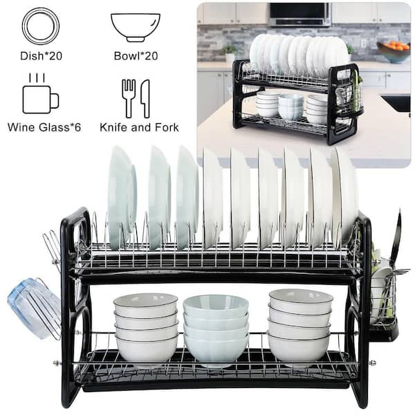  kenvc Dish Drying Rack,Dish Rack Kitchen Counter,Dish Racks  for Kitchen Counter,Board Holder, 6 Cup Holder，Removable Large Capacity Dish  Drainer, Rust-Proof Dish Drainer, Black