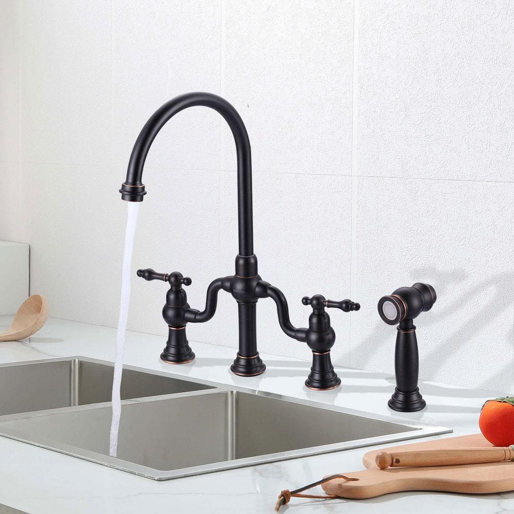 Oil Rubbed Bronze Double Handle High-Arc Widespread Kitchen Faucet with Pull-out Spray