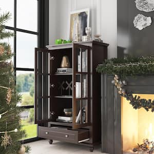 31.5 in. W x 15.7 in. D x 55.1 in. H Brown Wooden Standard Bookcase with Tempered Glass Doors 3-Tier Shelves and Drawer