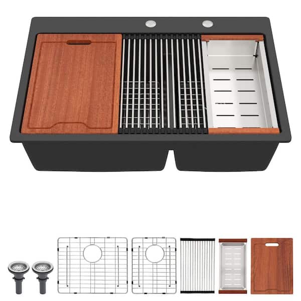 33in.x22in. Drop-In Matte Black Quartz 60/40 Double Bowl Workstation Kitchen Sink Granite Composite Basin w/ Accessories