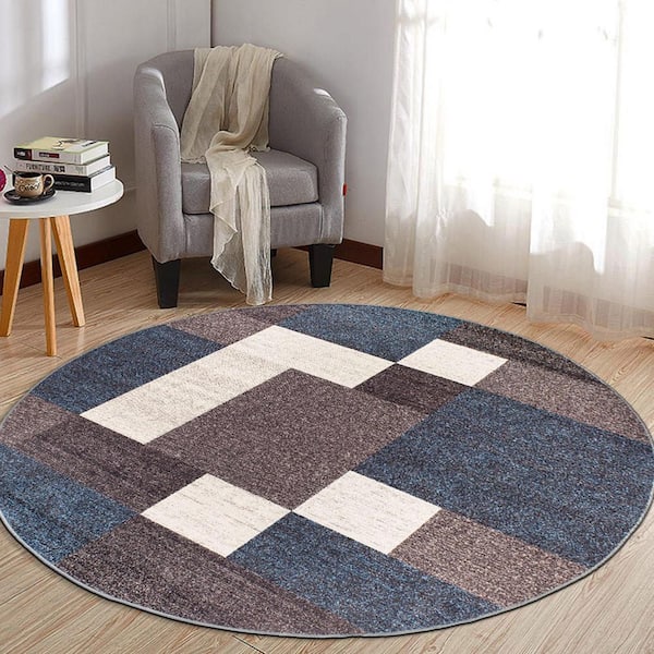 Geometric Boxes Design Non-Slip (Non-Skid) Blue 8 ft.  Round Indoor Area Rug