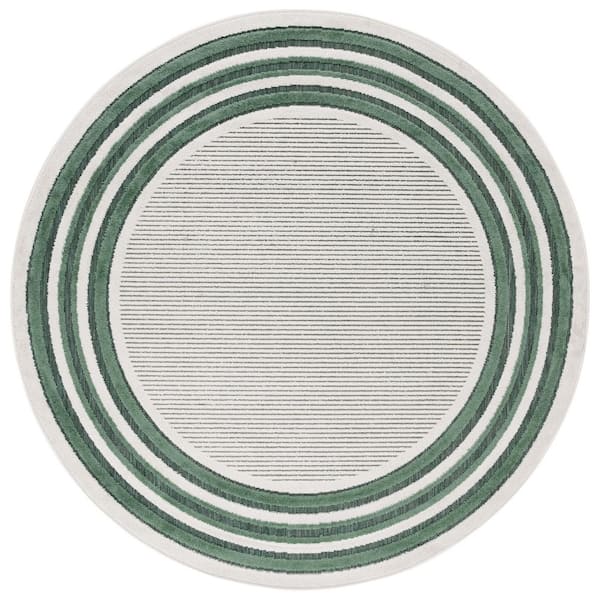 Cabana Ivory/Green 7 ft. x 7 ft. High-Low Striped Border Round Indoor/Outdoor Area Rug