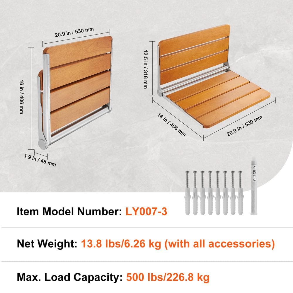 Wall-Mounted Teak Wood Folding Shower Bench, 20.9 x 16 inches