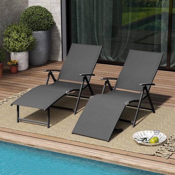 Pellebant Dark Gray 2-Piece Aluminum Metal Folding Outdoor Chaise Lounge with Adjustable Back in Gray