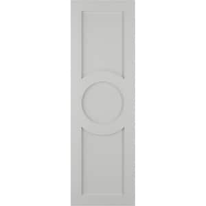 True Fit 12 in. x 58 in. PVC Center Circle Arts and Crafts Fixed Mount Flat Panel Shutters Pair in Hailstorm Gray