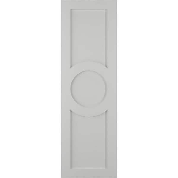 Ekena Millwork 12 in. x 71 in. True Fit PVC Center Circle Arts and Crafts Fixed Mount Flat Panel Shutters Pair in Hailstorm Gray