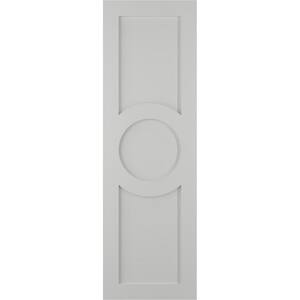 True Fit 18 in. x 66 in. PVC Center Circle Arts and Crafts Fixed Mount Flat Panel Shutters Pair in Hailstorm Gray