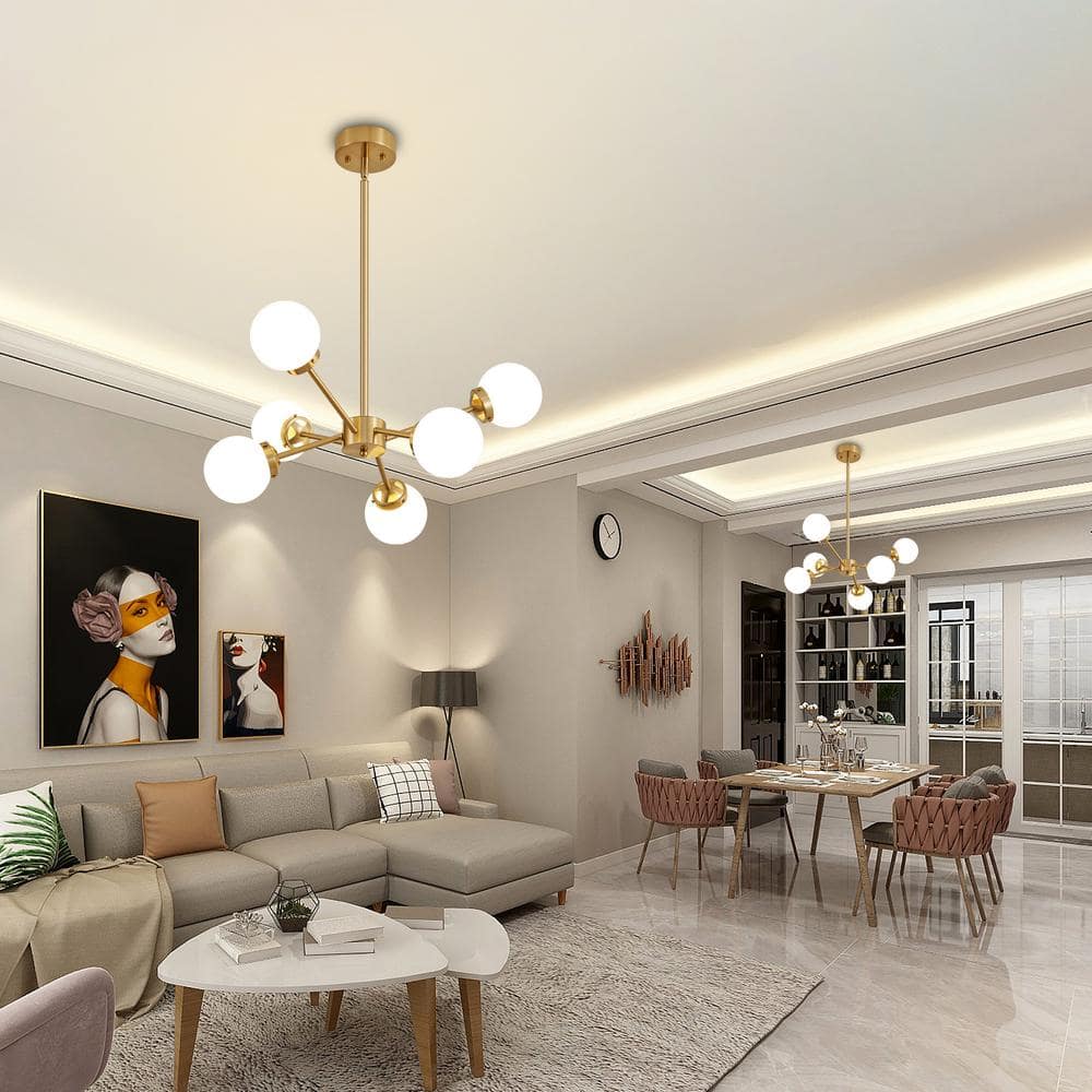 Adjustable Brass Sputnik Chandelier with Milk Glass Shades