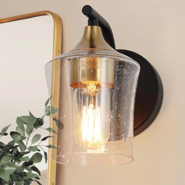 Zevni Jallie Classic 1-Light Brass Gold Seeded Glass Wall Sconce, Contemporary Cylinder Vanity Light Black Wall Light