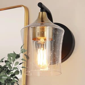 Jallie Classic 1-Light Brass Gold Seeded Glass Wall Sconce, Contemporary Cylinder Vanity Light Black Wall Light