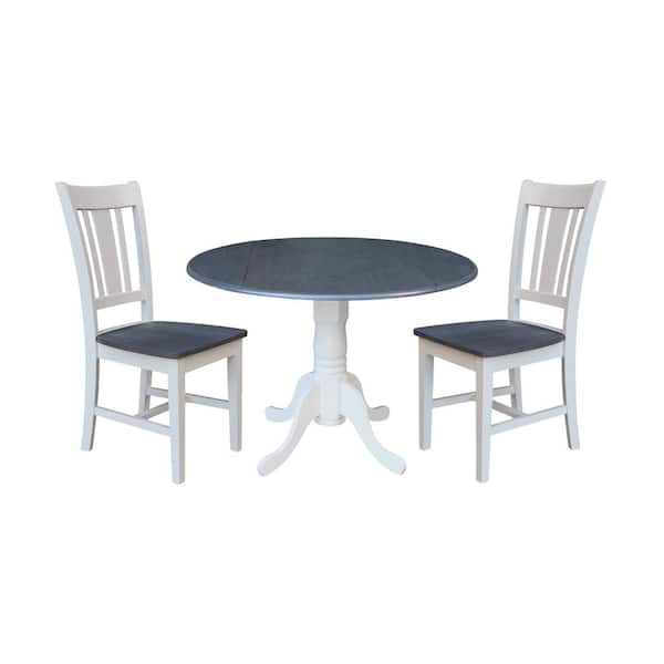 International Concepts Brynwood 3-Piece 42 in. White/Heather Gray Round Drop-Leaf Wood Dining Set with San Remo Chairs