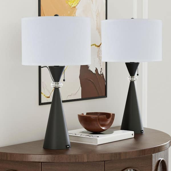 28 in. Black Modern Crystal Bedroom Living Room Bedside Desk Nightstand Table Lamps USB Port (Set of 2)