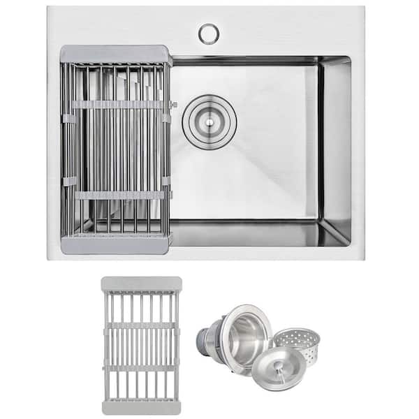 Handmade Drop-in Stainless Steel 25 in. x 22 in. Single Bowl Kitchen Sink with Drying Rack