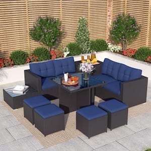 Black Rattan Wicker 8 Seat 9-Piece Steel Outdoor Patio Sectional Set with Blue Cushions,Coffee Table and Storage Box