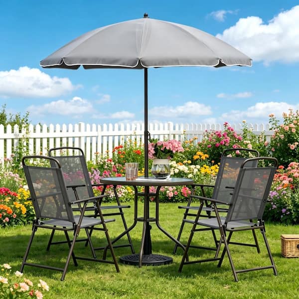 Gray 6-Piece Metal Outdoor Dining Set with Round Tempered Glass Dining Table, 4 Folding Dining Chairs and Umbrella