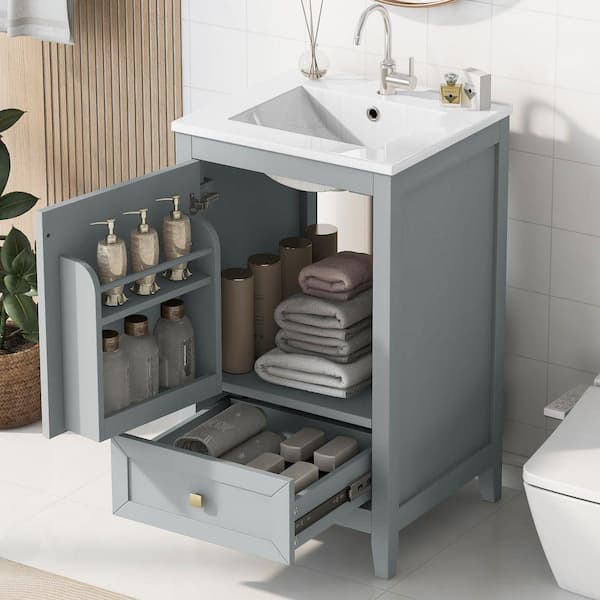 20 in. W x 18.3 in. D x 34 in. H Gray Storage Cabinet with Drawer, White Ceramic Top