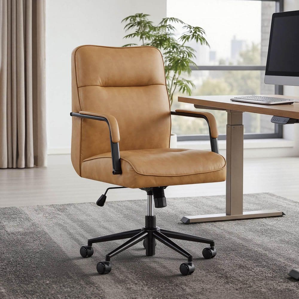 Ursa Faux Leather Swivel Tilt Ergonomic Task Chair in Saddle Brown with Padded Metal Arms, Adjustable Seat, for office