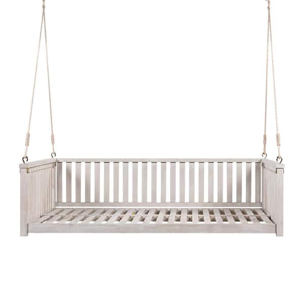 Unbranded 2 Person Seating White Weather Resistant Frame Wood Minimalist Twin Size Garden Porch Swing with Ropes for Backyard