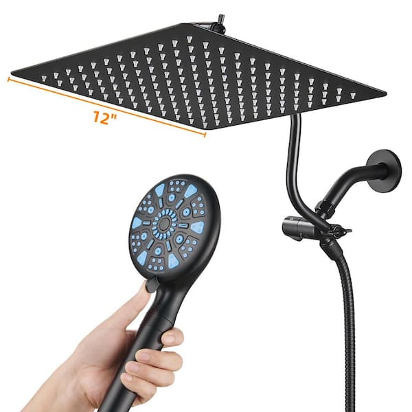 Zalerock Rainfull 9-Spray 12 in. Wall Mount Dual Shower Head and Handheld Shower Head with filter 1.8 GPM in Matte Black