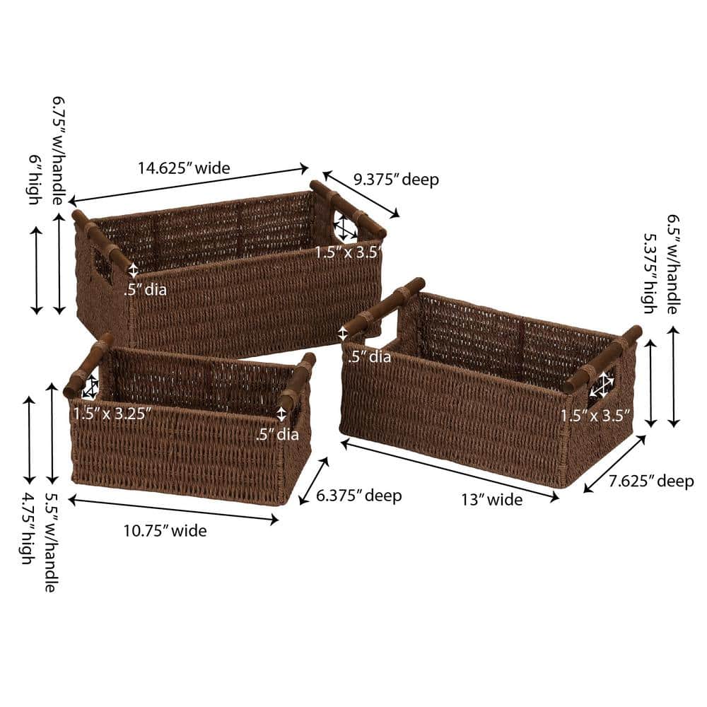 Rustic Rectangular Paper Rope Storage Baskets, Set of 3, Brown
