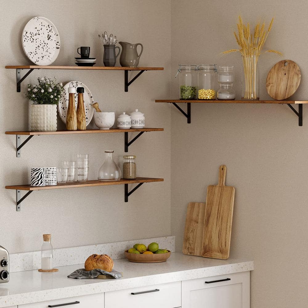 Rustic Brown 55" Wood Floating Shelves with Metal Brackets