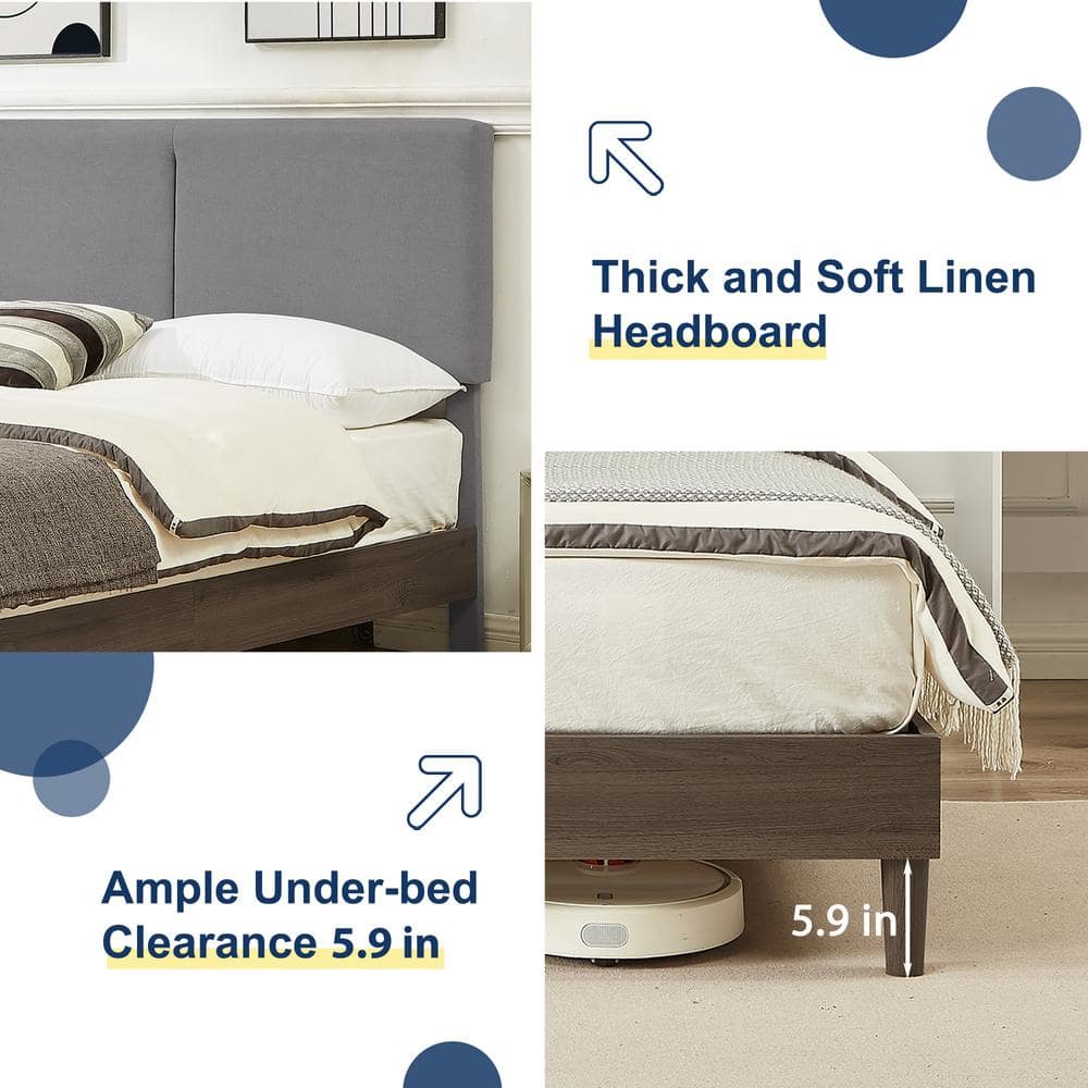 Upholstered Bed Frame with Linen Fabric Headboard, Strong Wood Slats Supports Platform Bed, Queen Size Bed, Beige - thumbnail 9