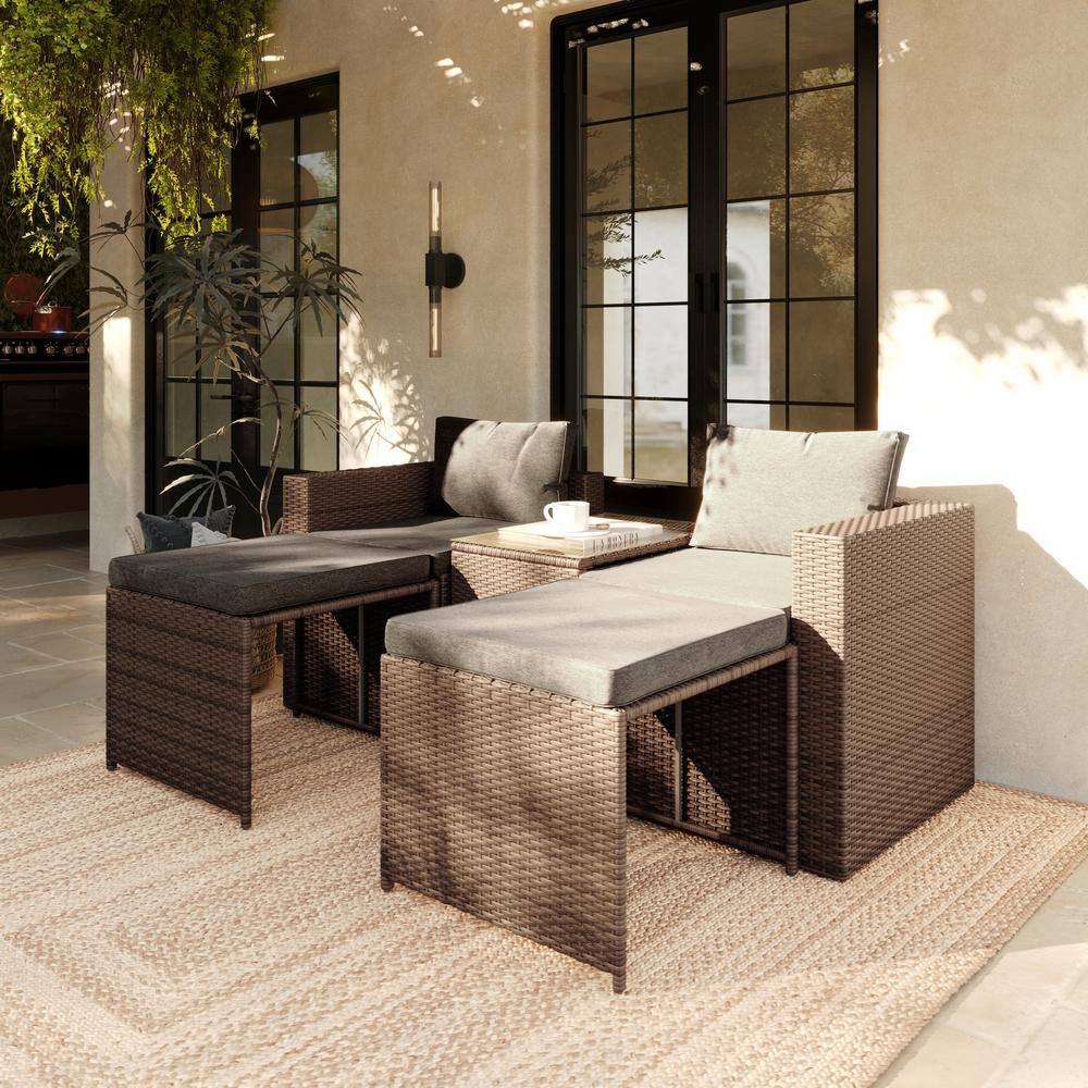 Nico Indoor/Outdoor Modular 5-Piece Plastic Loveseat Sofa Set with Table and Ottomans, Gray Cushions and Natural Rattan price history on PriceWatchPro
