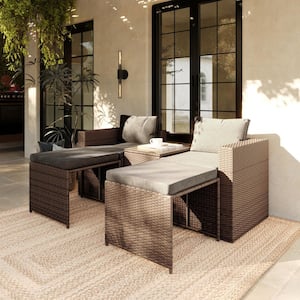Nico Indoor/Outdoor Modular 5-Piece Plastic Loveseat Sofa Set with Table and Ottomans, Gray Cushions and Natural Rattan