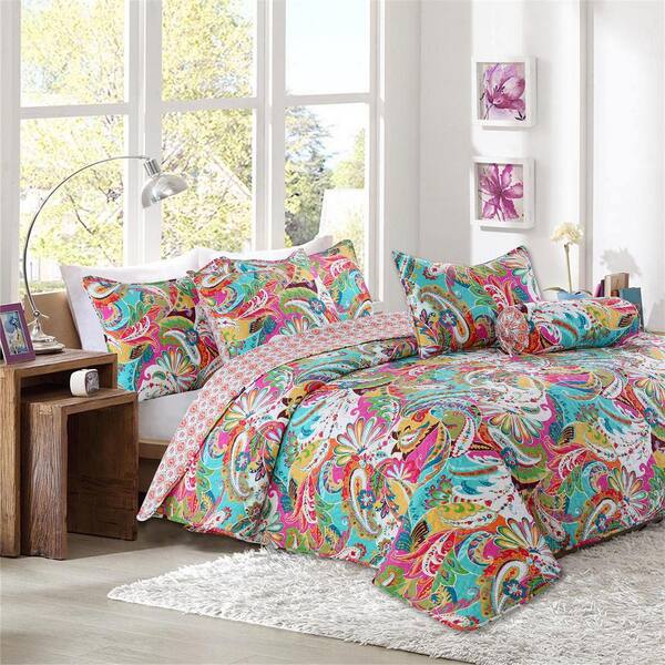 Pink Garden, Twin - 2 Piece Cozy Line Home Fashions Pink Floral Blue Reversible Quilt Bedding Set Coverlet Bedspread