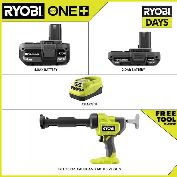 ONE+ 18V Lithium-Ion 4.0 Ah Battery, 2.0 Ah Battery and Charger Kit with FREE ONE+ Cordless 10 oz. Caulk & Adhesive Gun