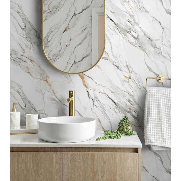 15.38 sq. ft. Borghini Faux Calacatta Marble Natural Wall Backdrop Vinyl Peel and Stick Wallpaper Roll