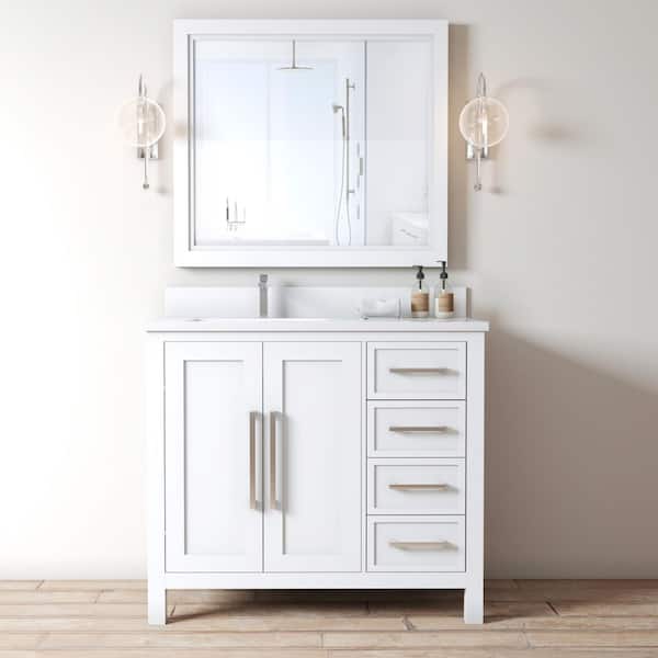Acadian 36 in. W x 22 in. D x 36 in. H Single Sink Bath Vanity in White with White Quartz Countertop and Basin