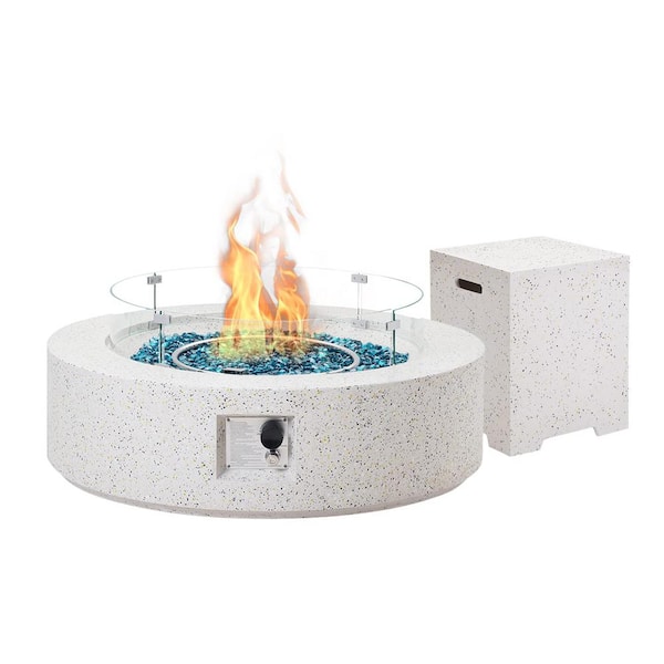 Zeus & Ruta 41 in. 50000 BTU Large White Round Composite Fire Pit Table with Glass Wind Guard and Water-Resistent Cover