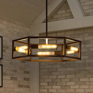 23.6 in. Farmhouse 6-Light Black Lantern Drum Chandelier Hexagon Industrial Chandelier with Metal Frame for Dining Room