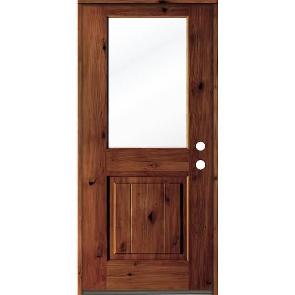 Krosswood Doors 32 in. x 80 in. Rustic Knotty Alder Wood Clear Half-Lite Red Chestnut Stain/VG Left Hand Single Prehung Front Door