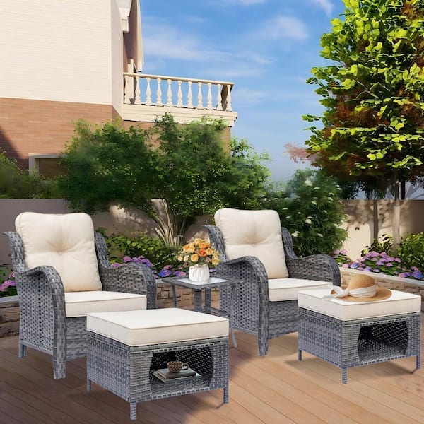 Gray 5-Piece Wicker Outdoor Armrest Chairs Patio Conversation Set with Storage Ottomans Side Table Beige Cushions